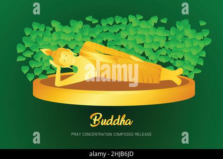 buddha golden sleep monk phra pray concentration composed release front of pho leaf religion culture faith vector illustration eps10 Stock Vector