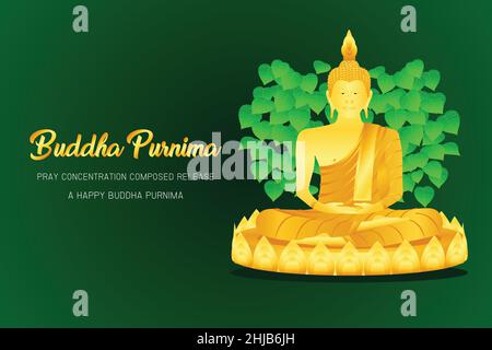 happy buddha purnima monk phra buddha pray concentration composed release front of pho leaf religion culture faith vector illustration eps10 Stock Vector