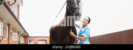 Smiling female veterinarian listens to horse chatter with stethoscope. Providing medical care to animals Stock Photo