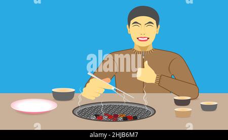 free space on the chalice dish and charcoal toaster for your food promotion. a man happy while eating meal recommended and acting give a like on left Stock Vector