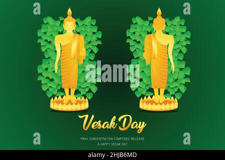 vesak day buddha monk phra stand front - back view pray concentration composed release front of pho leaf religion culture faith vector illustration ep Stock Vector