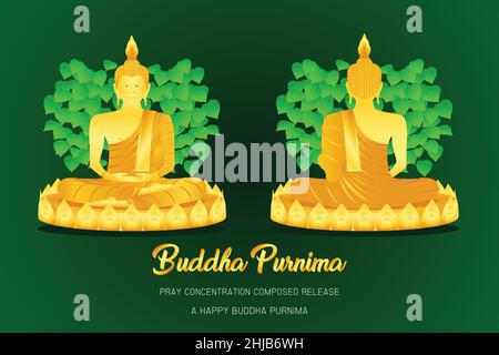 happy buddha purnima monk phra buddha front - back view pray concentration composed release pho leaf religion culture faith vector illustration eps10 Stock Vector