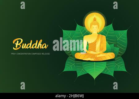 monk phra buddha pray sit concentration composed release on pho leaf religion culture faith vector illustration eps10 Stock Vector