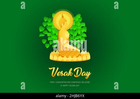 vesak day monk phra buddha sitting on lotus base for pray concentration composed release front of pho leaf religion culture faith vector illustration Stock Vector