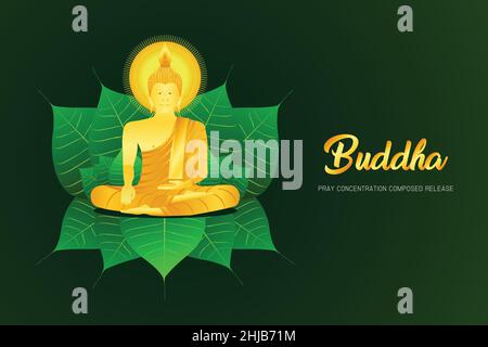 monk phra buddha pray sit on pho leaf concentration composed release religion culture faith vector illustration eps10 Stock Vector