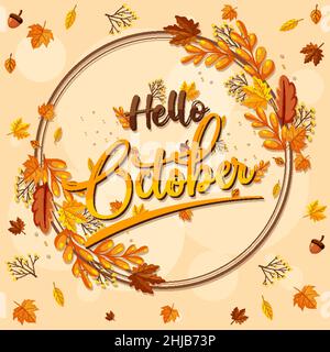 Hello October logo with ornamental autumn leaf illustration Stock ...