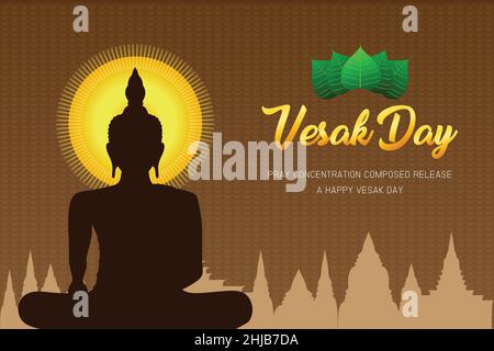 silhouette vesak day monk phra buddha pray concentration composed release front of pho leaf religion culture faith vector illustration eps10 Stock Vector