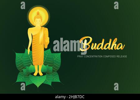 monk phra buddha pray stand on pho leaf concentration composed release religion culture faith vector illustration eps10 Stock Vector