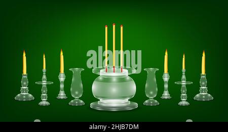 luxury white emerald crystal glass incense flower candle vase base. green color background. vector illustration eps10 Stock Vector