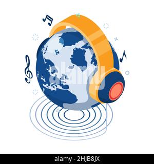 Flat 3d Isometric Earth Globe with Headphone. World Music Day Concept. Stock Vector
