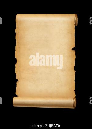 Old mediaeval paper sheet. Parchment scroll isolated on black background Stock Photo
