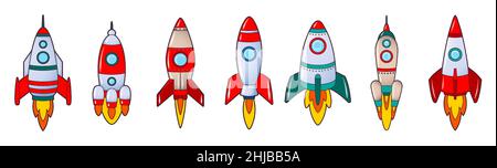 The rocket flies into space. Set of icons , flat cartoon style. Vector isolated illustration on white background Stock Vector