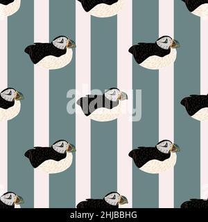 Ornithology seamless pattern with atlantic puffin black and white colored ornament. Striped blue background. Vector illustration for seasonal textile Stock Vector