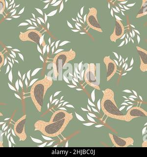 Random seamless pattern in pastel tones with beige birds on branches. Green olive background. Vector illustration for seasonal textile prints, fabric, Stock Vector