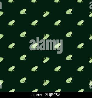 Abstract zoo wilflige seamless pattern with contrast green frog ornament. Dark background. Doodle print. Stock illustration. Vector design for textile Stock Vector