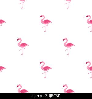 Isolated seamless cartoon pattern with bright pink flamingo silhouettes. White background. Doodle design. Graphic design for wrapping paper and fabric Stock Vector