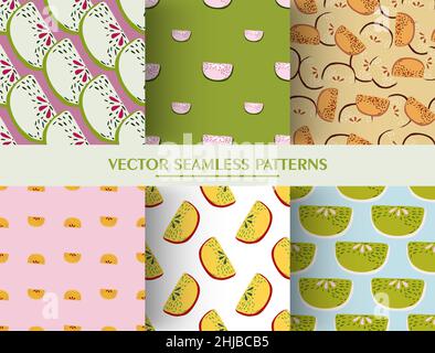 Set of seamless fruit pattern with apple slices. Doodle fruits background collection. Graphic design for wrapping paper and fabric textures. Vector Il Stock Vector