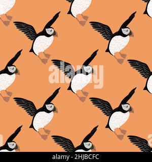 Cartoo seabird seamless pattern with hand drawn puffin birds silhouettes. Pastel orange background. Flat vector print for textile, fabric, giftwrap, w Stock Vector
