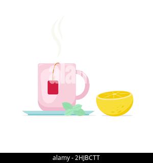 A mug of hot tea and half a lemon. Vector illustration in flat style Stock Vector