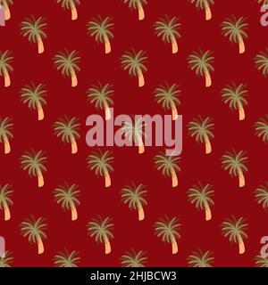 Hawaiian seamless pattern with beach palm tree ornament in green pale tones. Maroon background. Flat vector print for textile, fabric, giftwrap, wallp Stock Vector