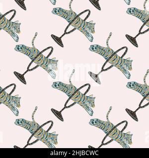Simple seamless pattern with hand drawn blue tigers jumping across ring ornament. Light background. Vector illustration for seasonal textile prints, f Stock Vector