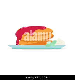 Pancakes on a plate sprinkled with jam, vector food illustration in flat style Stock Vector