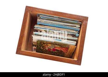 postcard collection - old postcards stored inside wooden box Stock Photo