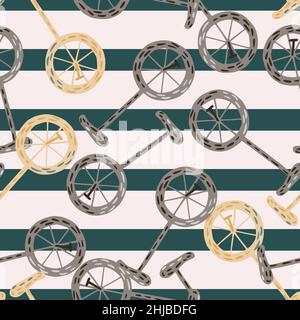 Random seamless pattern with doodle bicycle ornament, Striped grey and turquoise background. Vector illustration for seasonal textile prints, fabric, Stock Vector