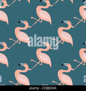 Simple hand drawn doodle seamless pattern with simple pink flamingo elements. Navy blue pastel background. Graphic design for wrapping paper and fabri Stock Vector