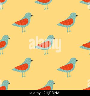 Blue and red colored birds simple silhouettes seamless pattern. Light yellow background. Vector illustration for seasonal textile prints, fabric, bann Stock Vector