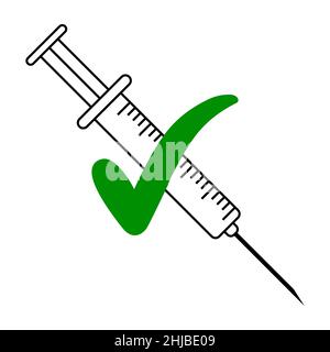 Vaccinated patient icon, syringe and green tick sign of vaccination Stock Vector