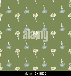Vintage ditsy seamless pattern with blue and white flower shapes print. Green olive background. Graphic design for wrapping paper and fabric textures. Stock Vector