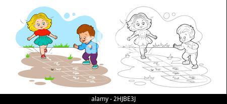 Coloring book girl and boy are jumping while playing hopscotch. Vector illustration, cartoon style, black and white lines Stock Vector