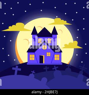 Vector illustration happy halloween poster,dark castle concept horror flat background Stock Vector