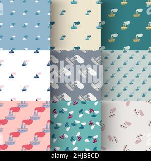 Set of seamless doodle pattern with steamer ship. Travel marine backdrop collection. Doodle vector print for textile, fabric, giftwrap, wallpapers. En Stock Vector
