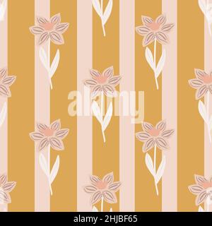 Botany seamless pattern with pink and white colored folk flowers ornament. Orange and light pink striped background. Flat vector print for textile, fa Stock Vector