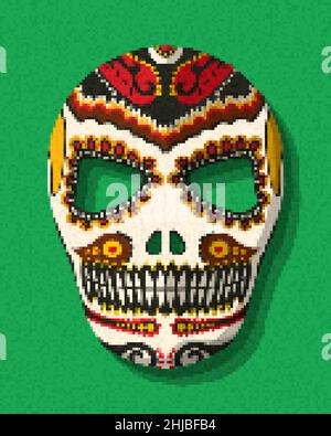 Pixel art sugar skull, vector illustration Stock Vector