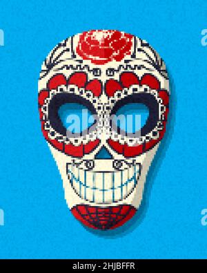 Pixel art sugar skull, vector illustration Stock Vector