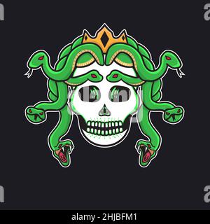 vector illustration hand drawn tattoo skull medusa good for t-shirt Stock Vector