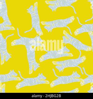 Bright seamless pattern with blue random tiger silhouettes. Yellow background. Safari animals artwork. Flat vector print for textile, fabric, giftwrap Stock Vector