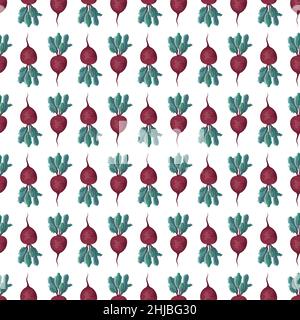 Seamless pattern with beet. Print of healthy vegetables and green leaves of tops on white background. Vector flat illustration Stock Vector