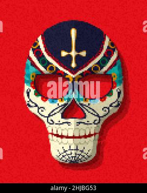 Pixel art sugar skull, vector illustration Stock Vector