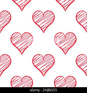 Red hatched hearts seamless pattern Stock Vector