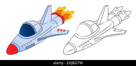 Coloring book, spaceship, shuttle flies among the stars. Vector illustration , cartoon style, black and white line Stock Vector