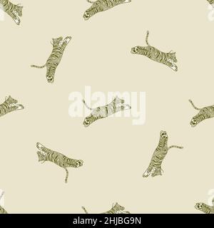 Seamless animal pattern in minimalistic style with wild jumping tiger ornament. Light beige background. Flat vector print for textile, fabric, giftwra Stock Vector