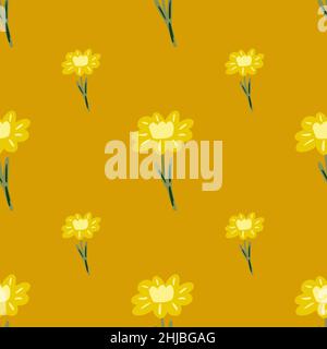Vintage summer seamless pattern with doodle simple yellow flowers ornament. Ocher background. Graphic design for wrapping paper and fabric textures. V Stock Vector