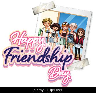 Happy Friendship Day logo with a photo of teenagers illustration Stock Vector