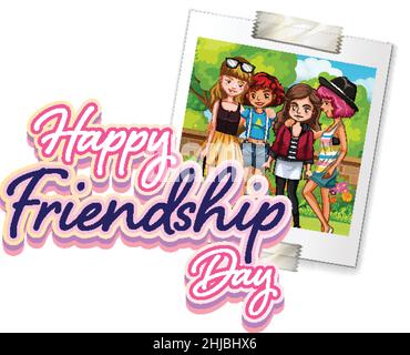 Happy Friendship Day logo with a photo of teenagers illustration Stock Vector