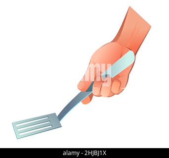 Right hand with kitchen slotted spoon for cooking food. Object isolated on white background. Funny cartoon style. Vector. Stock Vector
