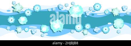 Winter ice river landscape top view. Border horizontal composition. Snowy frosty nature in cold season. From high. White drifts of snow. Illustration Stock Vector